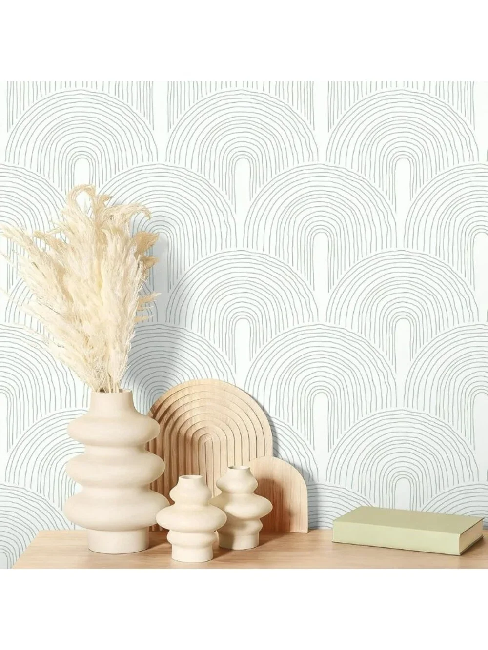 Green Geometric Peel and Stick Wallpaper - Boho Minimalist Art Deco Design